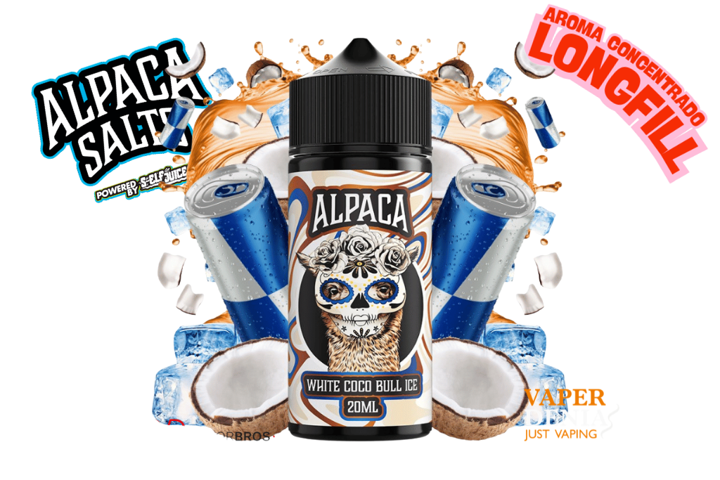 Descubre White Coco Bull Ice de Alpaca, un Longfill de 20ml con coco blanco, bebida energética y un refrescante toque ice. Botella de 120ml.