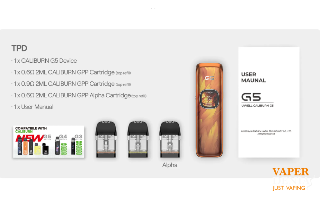 Uwell Caliburn G5 Pod Kit 1600mAh 35W | Pod con Pantalla y Airflow Ajustable - Imagen 10